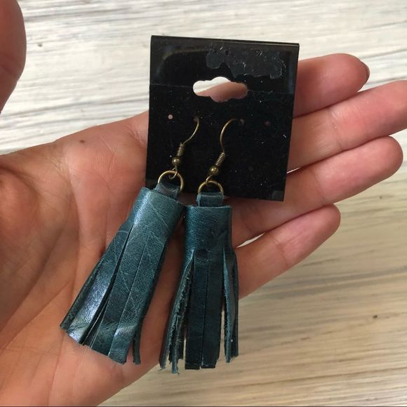 Boho Teal Turquoise Leather Tassel Fringe Earrings - Picture 2 of 4